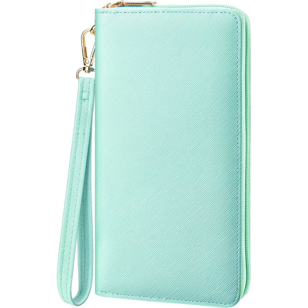 Mint Green RFID Wristlet Clutch Wallet Faux Leather Phone Holder 16 Card Slots